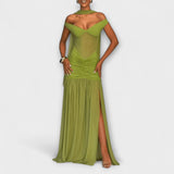 Nicole - Olivgrünes Maxikleid mit V-Ausschnitt