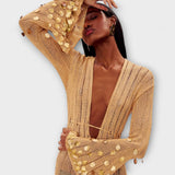 Nova - Goldenes Strick-Maxikleid mit Pailletten