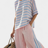 Cecília - Rosa Set aus Bambus-Leinen mit Streifen