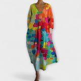Fiona - Langes farbenfrohes Kleid mit V-Ausschnitt